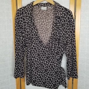 Chico's Wrap Top Brown Giraffe Print Collared Stretch Size 3 or US XL